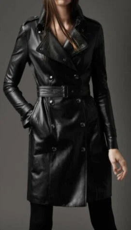 Women Military Style Black Leather Coat